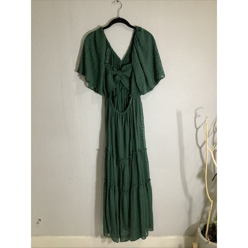Anthropologie   Maxi Dress Green swiss dots lined open back  SZ L - Picture 3 of 16